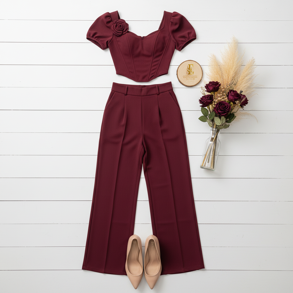 Flat lay conjunto corset y palazzo borgoña