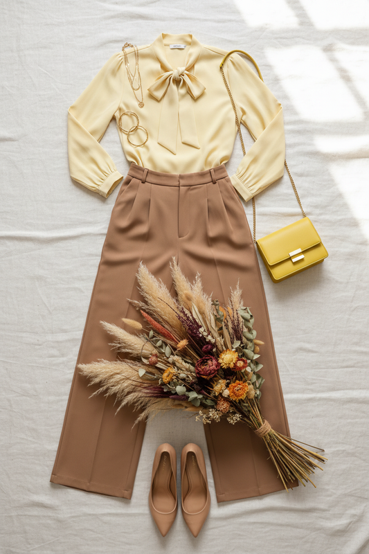 Flat lay del outfit amarillo y camel