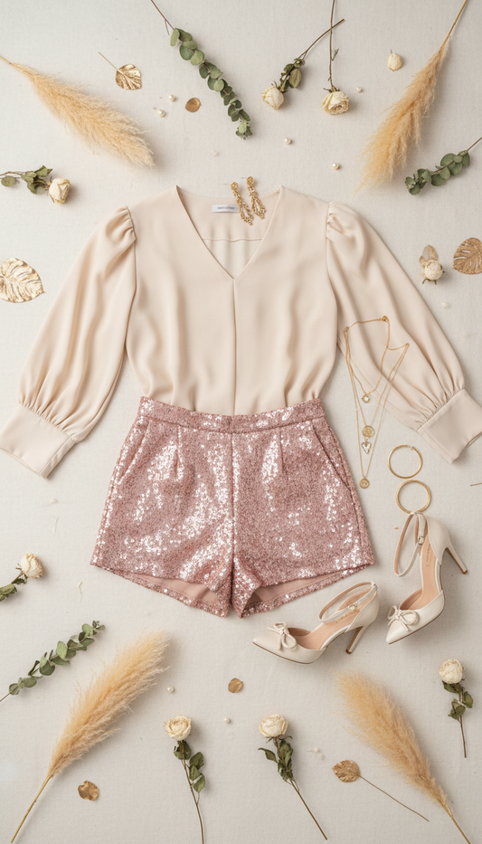 Outfit beige y rosa con lentejuelas en flat lay