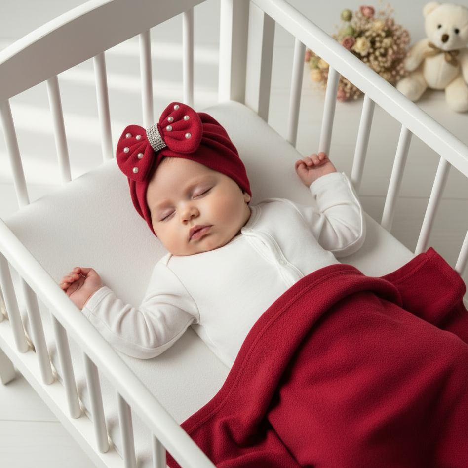 Bebé con gorrita roja en cuna