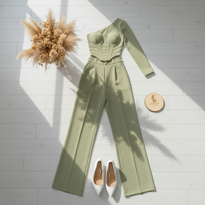 Conjunto oliva claro flat lay