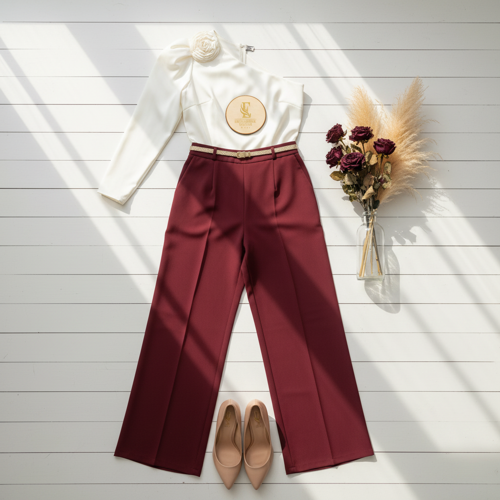 Flat lay blusa blanca un hombro y pantalón borgoña