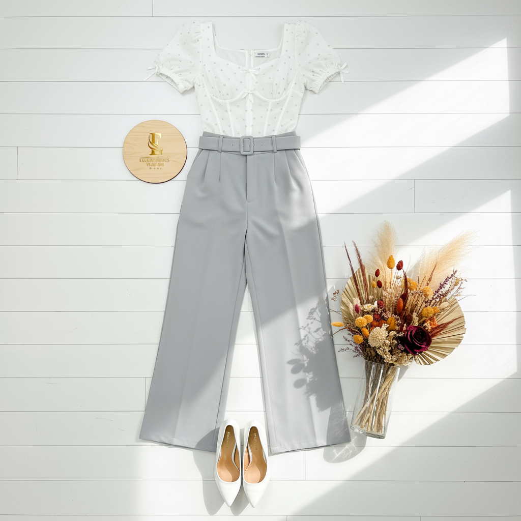 Flat lay blusa decorada con perlas y lazos