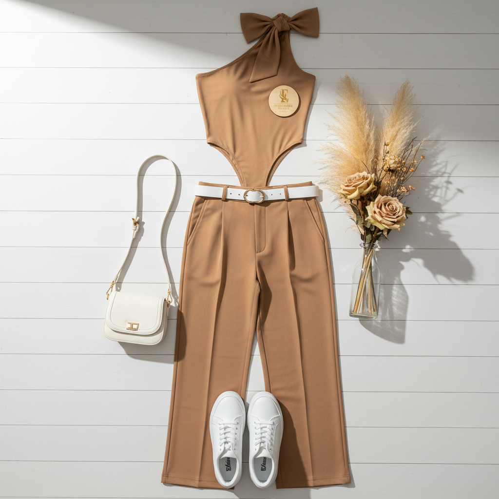 Flat lay body camel con lazo y pantalón palazzo