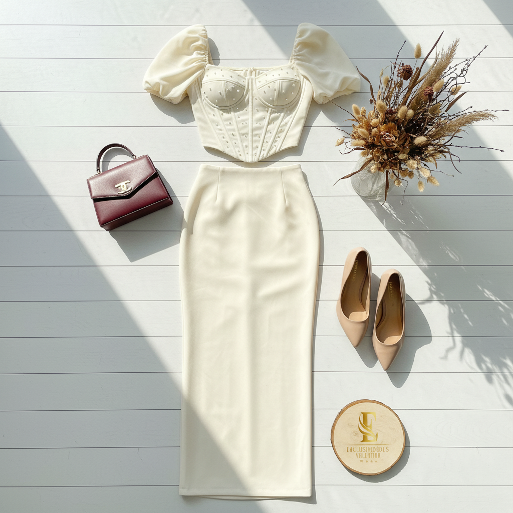 Flat lay conjunto top corset y falda marfil