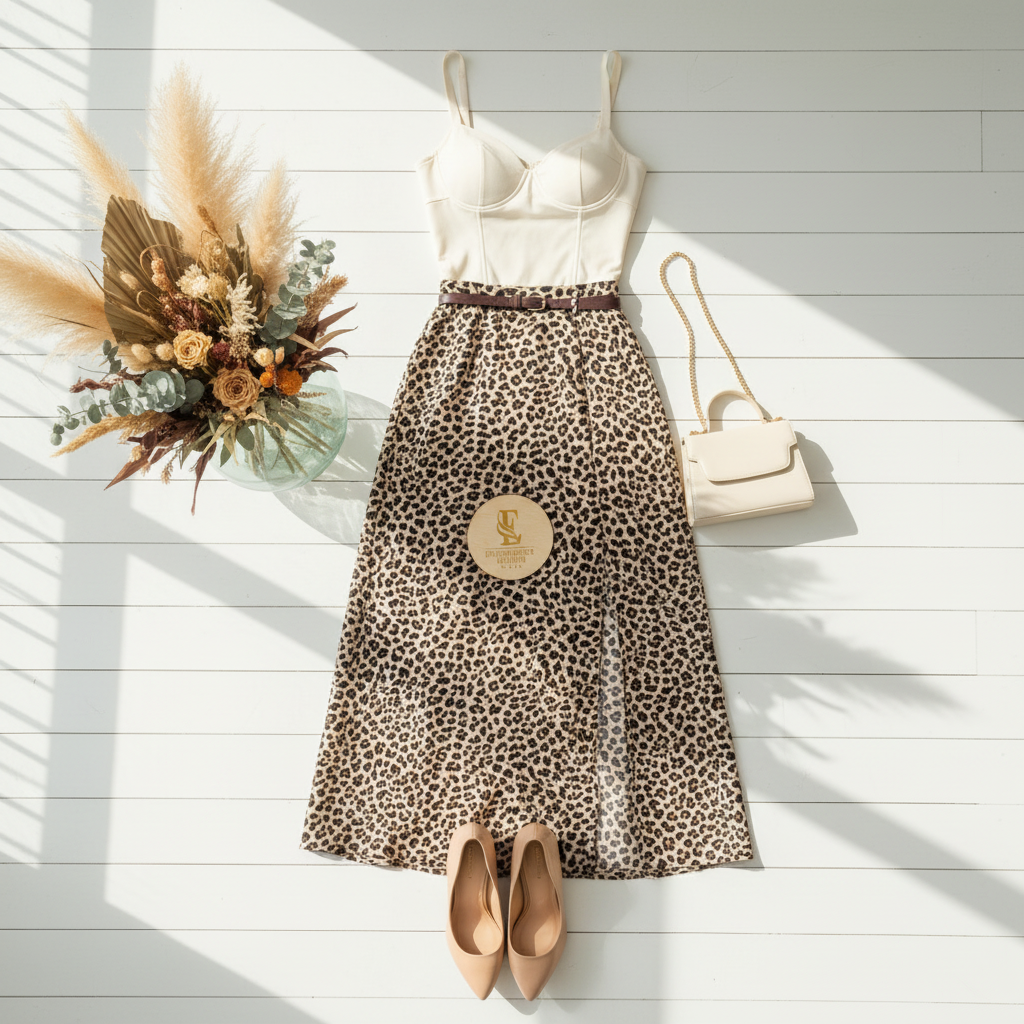 Flat lay outfit completo top blanco y falda leopardo