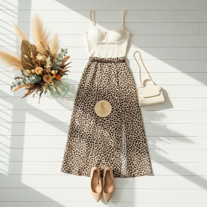 Flat lay outfit completo top blanco y falda leopardo