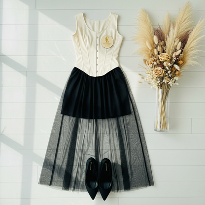 Flat lay top corset blanco y falda negra de tul