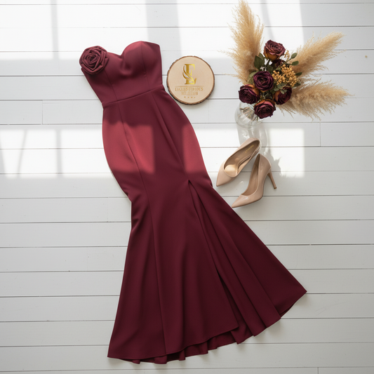 Flat lay vestido borgoña con flor pequeña