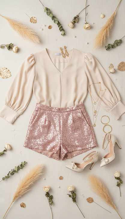 Outfit beige y rosa con lentejuelas en flat lay