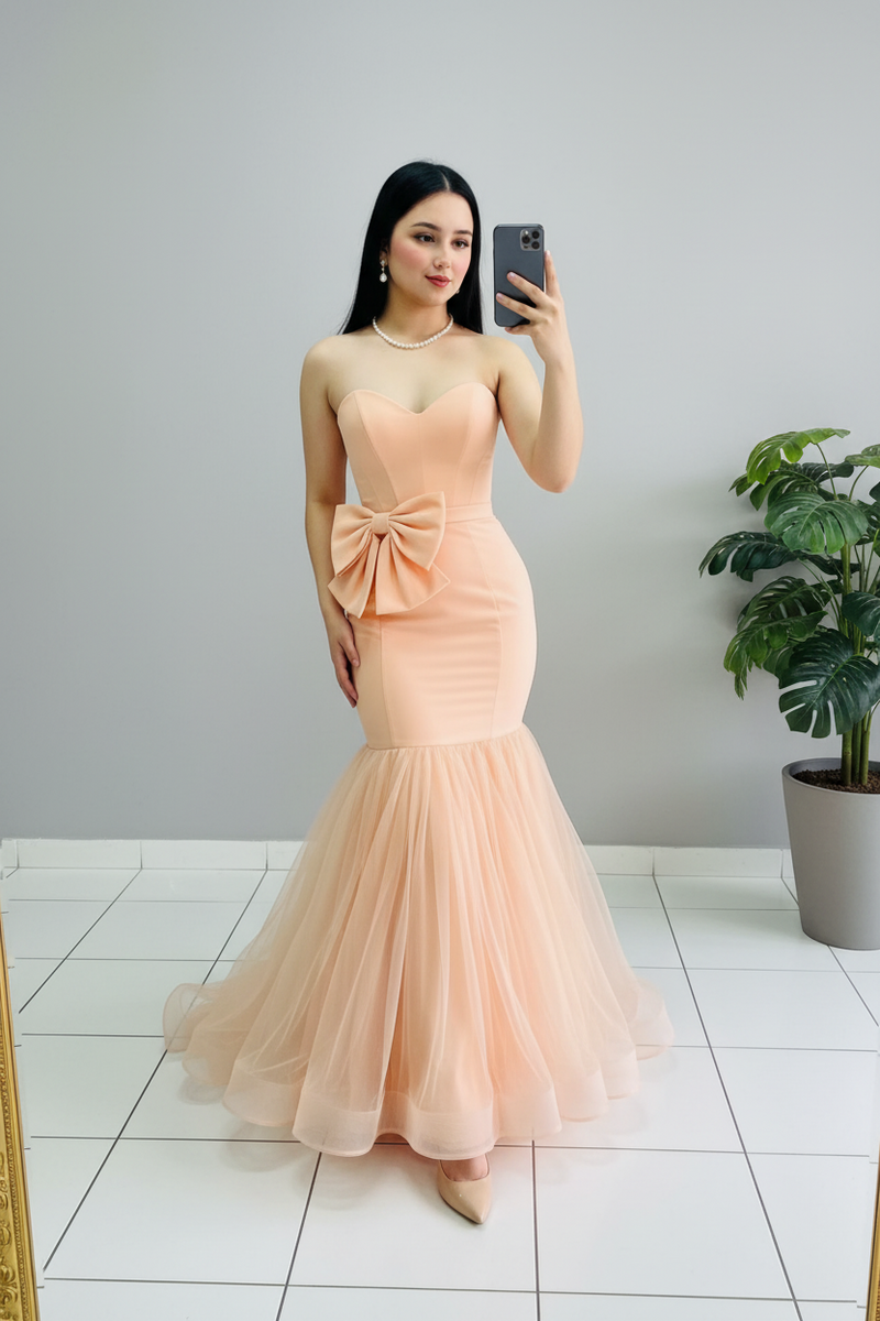 Vestido Peach Strapless Bow Sirena con Tul cod.608