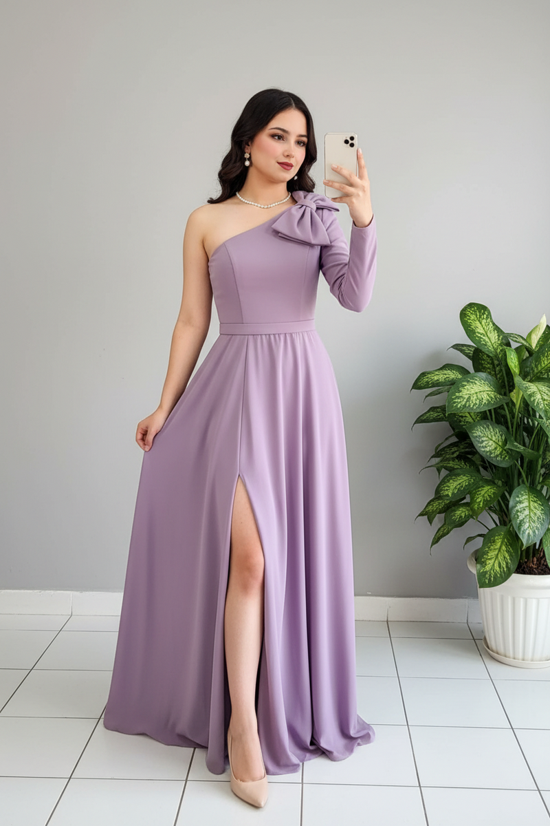 Vestido Lila Un Hombro con Lazo cod.600