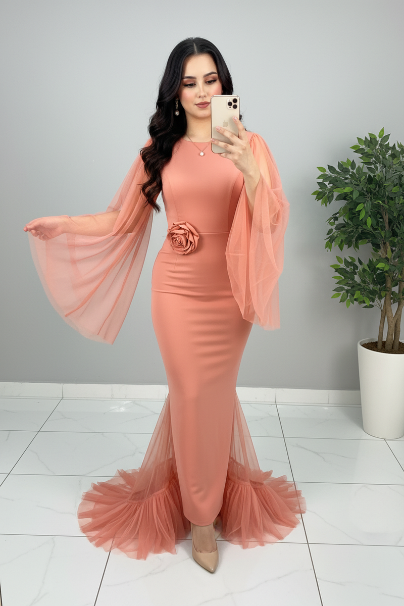 Vestido Salmón Sirena Tul Campana Rosa D cod. 604