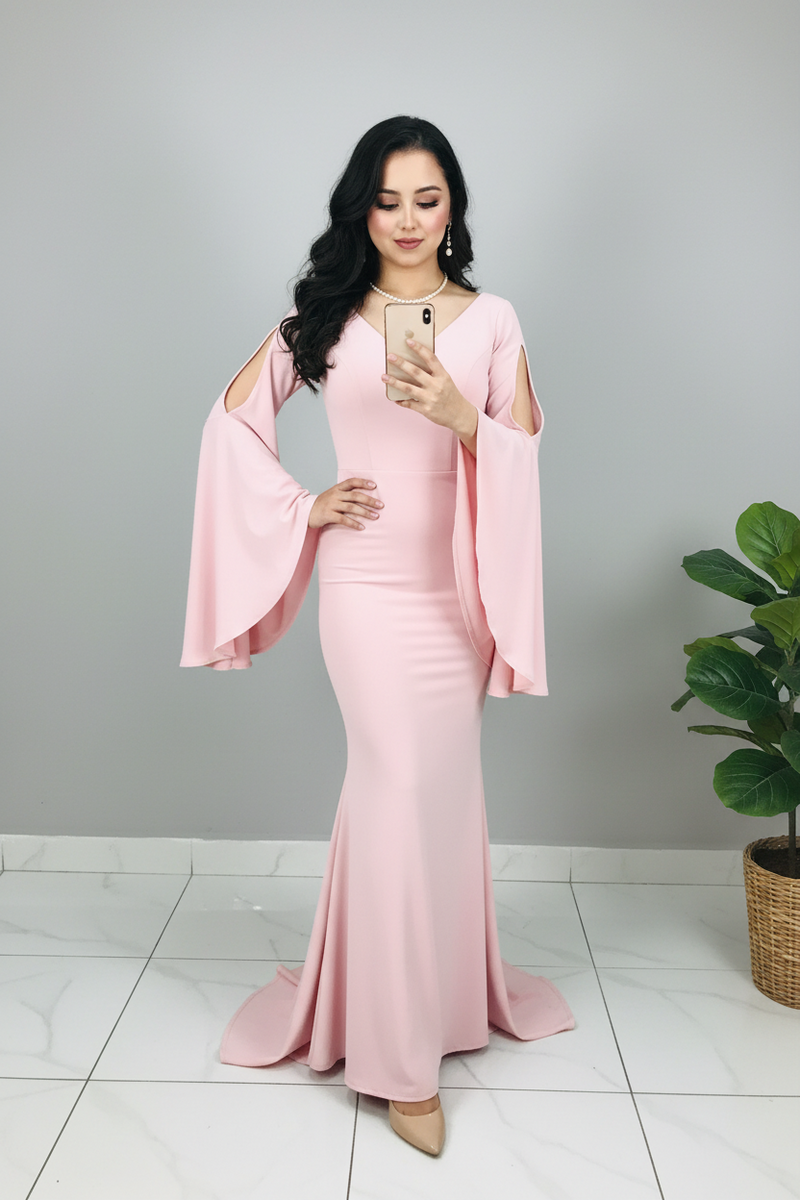 Vestido Rosa Sirena Mangas Campana cod.601