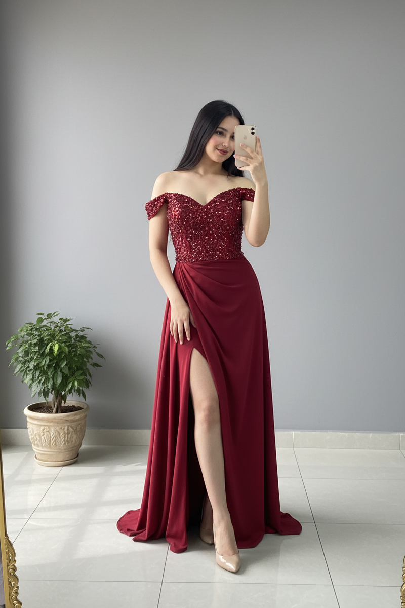 Vestido Vino Off-Shoulder Bordado cod.622