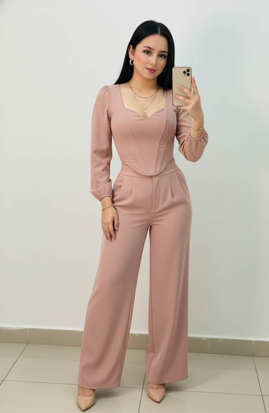 Conjunto Nijork - Corset Manga Larga y Pantalón Palazzo Elegante | Cod.1012