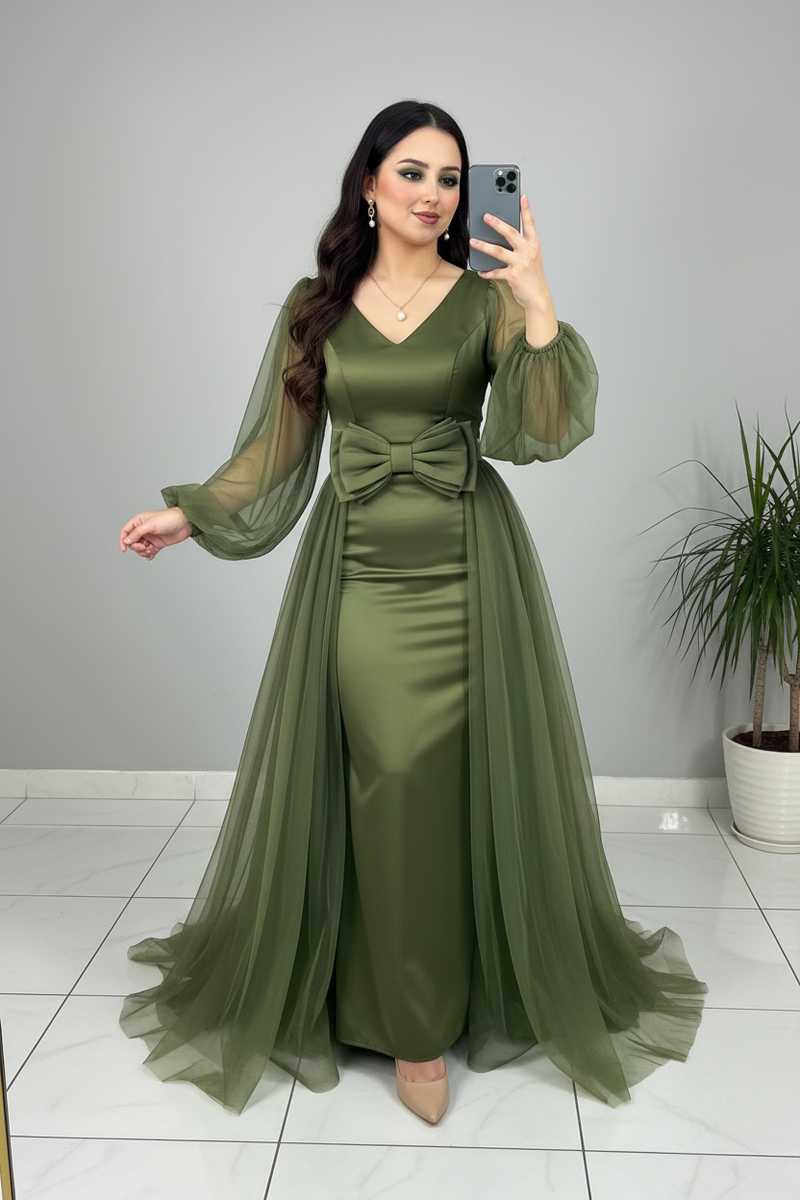 Vestido Verde Olivo Satén Tul Lazo cod.605