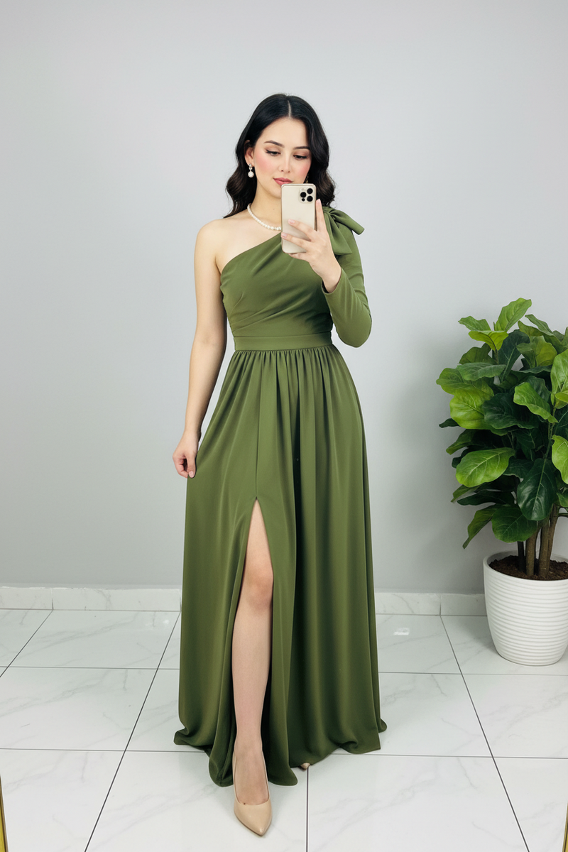 Vestido Verde Olivo Un Hombro cod.599