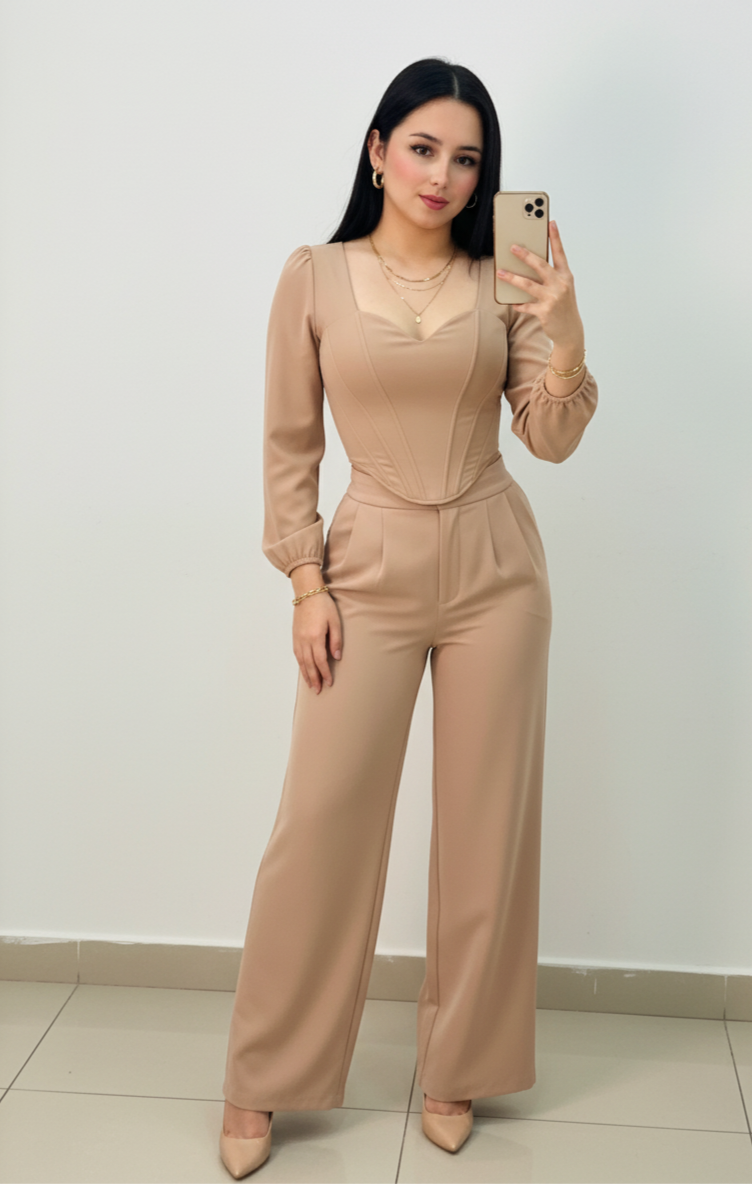 Conjunto Nijork - Corset Manga Larga y Pantalón Palazzo Elegante | Cod.1012